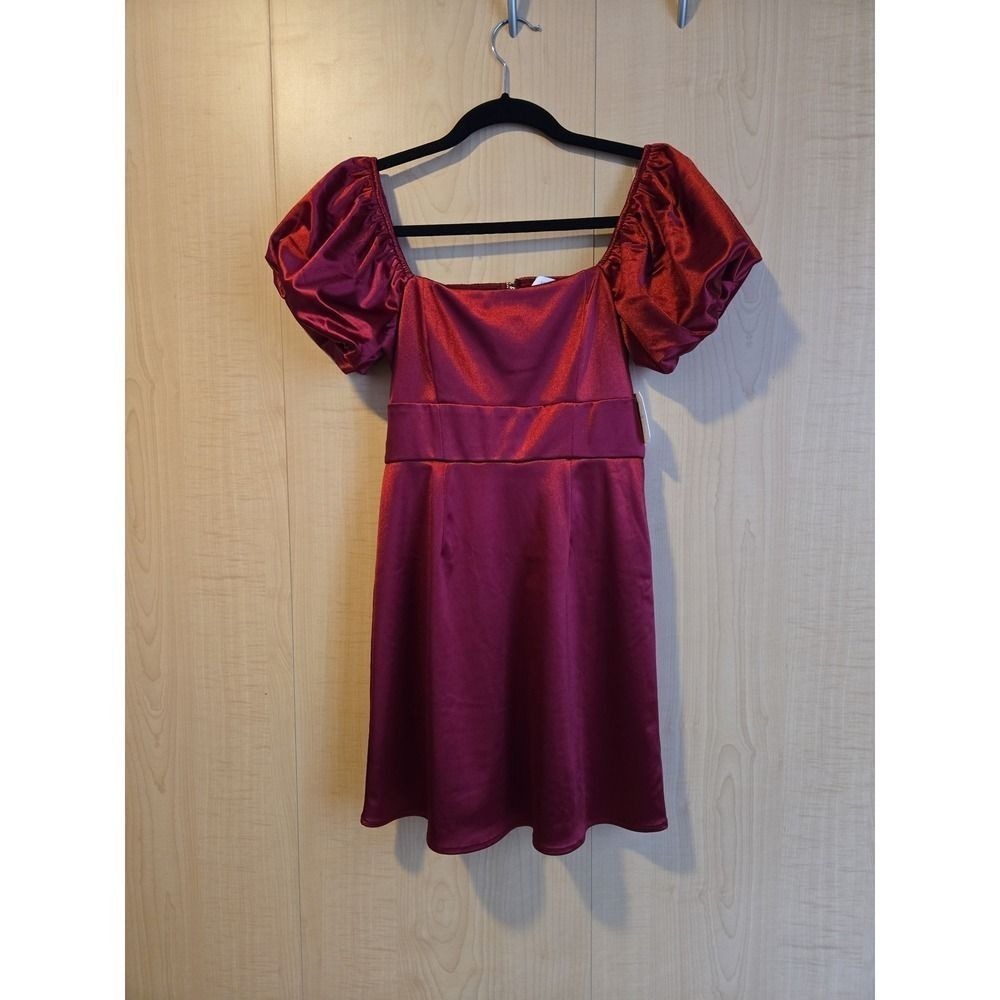 AS Red Satin Puff Sleeve Square Neck Mini Dress XS Burgundy - Picture 1 of 3